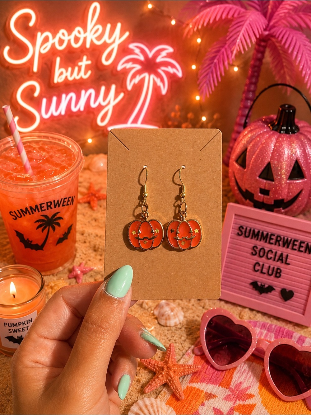 Summerween Pumpkin Jack-O'-Lantern Enamel Dangle Earrings - Orange